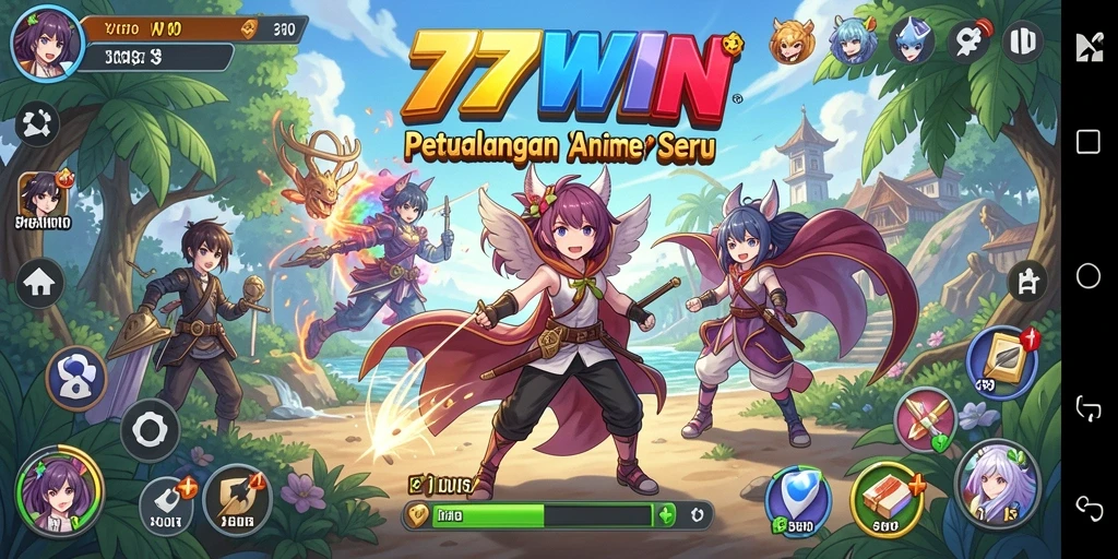 Screenshot gameplay 77WIN menunjukkan pertarungan karakter anime yang epik.
