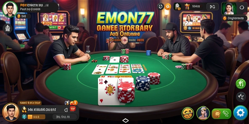 Screenshot gameplay EMON77 dengan suasana poker yang mendebarkan.
