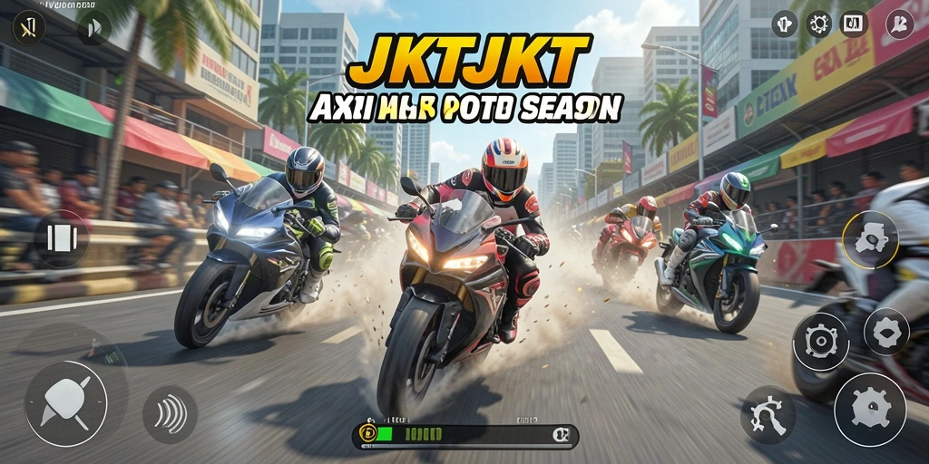 Tampilan gameplay JKTJKT dengan balap motor yang mendebarkan.