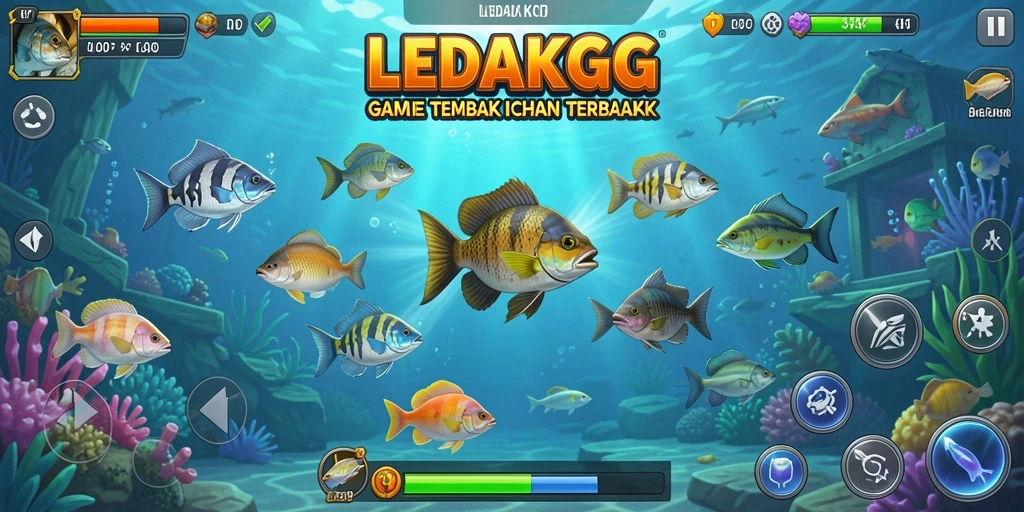 Screenshot gameplay LEDAKGG menampilkan aksi seru tembak ikan.