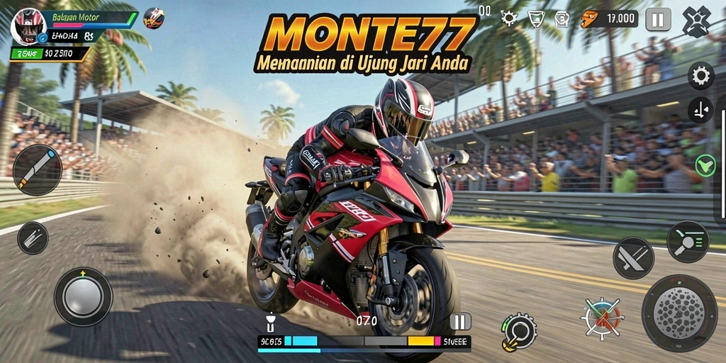 Tampilan gameplay seru dari MONTE77 saat bersaing di trek balapan.