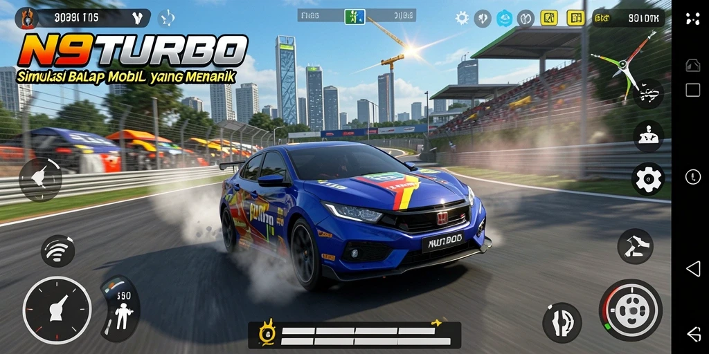 Screenshot utama N9TURBO menampilkan mobil balap di trek yang menantang.