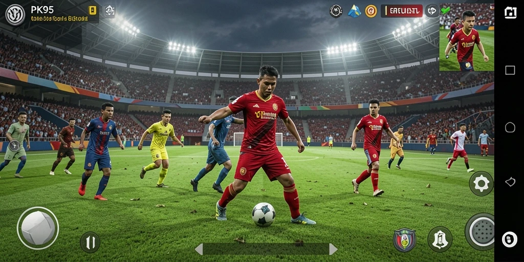 Tampilan gameplay PK95 yang menegangkan saat pertandingan sepak bola.
