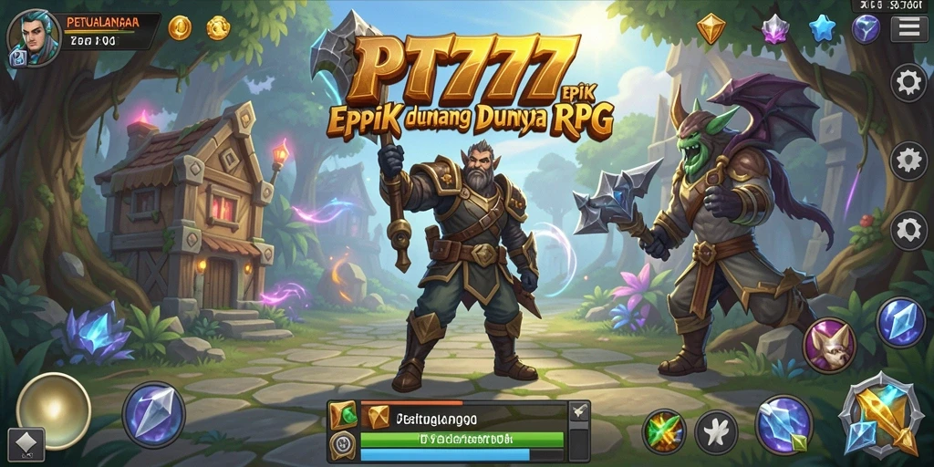 Tangkapan layar gameplay PT777 menampilkan pertarungan intens dan eksplorasi dunia RPG.