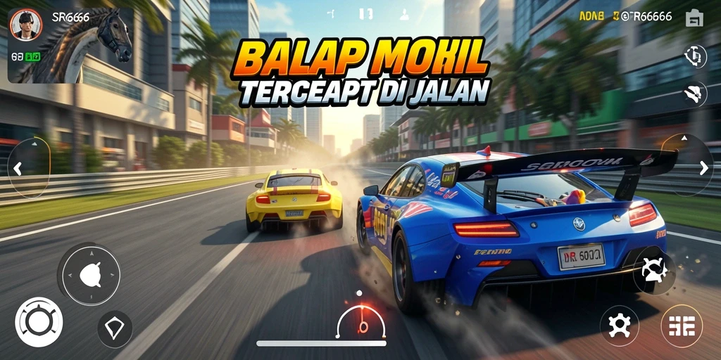 Tampilan gameplay balapan yang mendebarkan di SR6666 dengan mobil yang berakselerasi cepat.