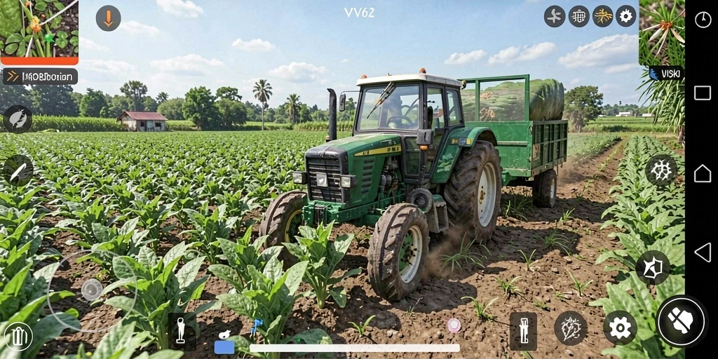 Screenshot gameplay VV62 menampilkan kebun yang subur dengan berbagai tanaman.