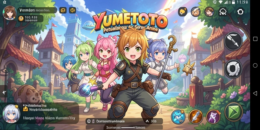 Screenshot gameplay <strong>YUMETOTO</strong> dengan karakter-karakter anime yang menarik.